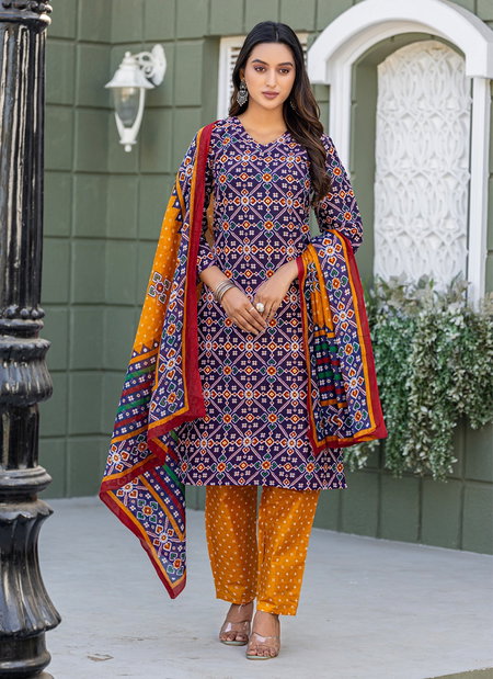 Navy Blue Colour Cotton Blend With Print Kurti With Pant Dupatta Best Wholesale Shop In Surat Aaradhna 2029